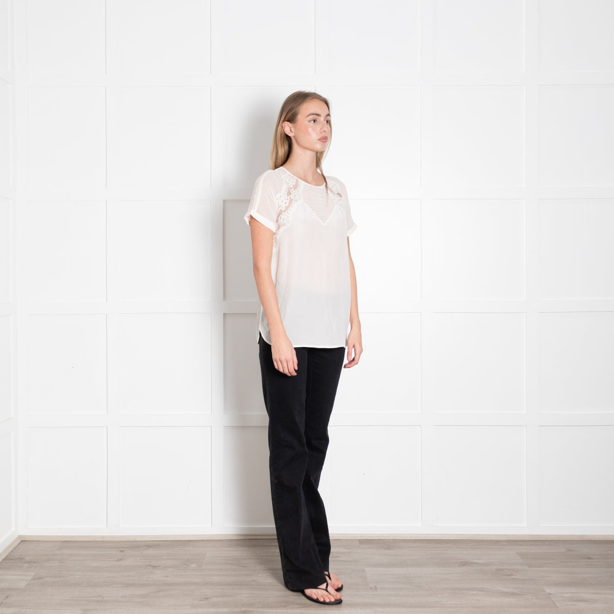 Rebecca Taylor Cream Silk Pin Tuck Lace Detail Top