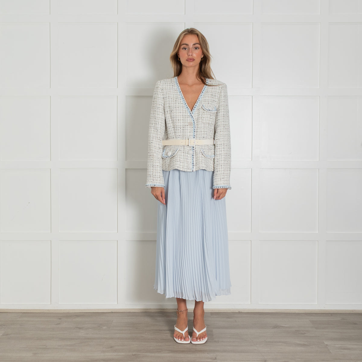 Self Portrait White Tweed Blue Pleated Bottom Belted Dress