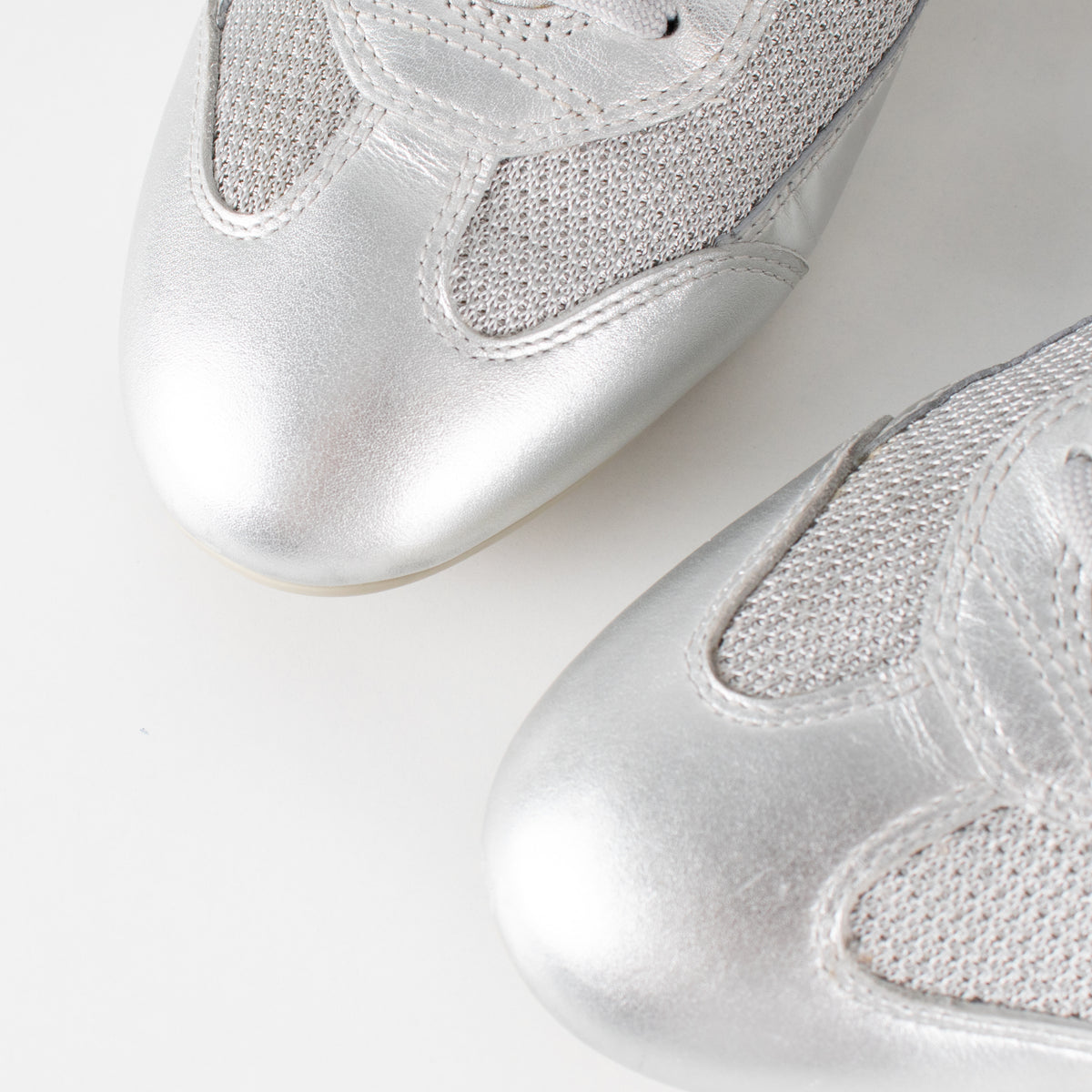 Prada Silver Leather & Mesh Lace Up Trainers