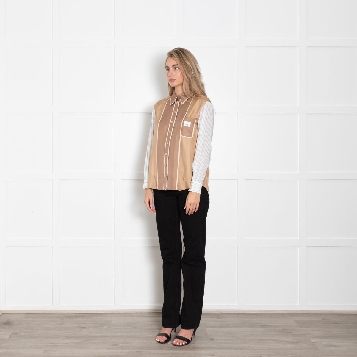 Burberry Tan Shirt With Striped Sleeves