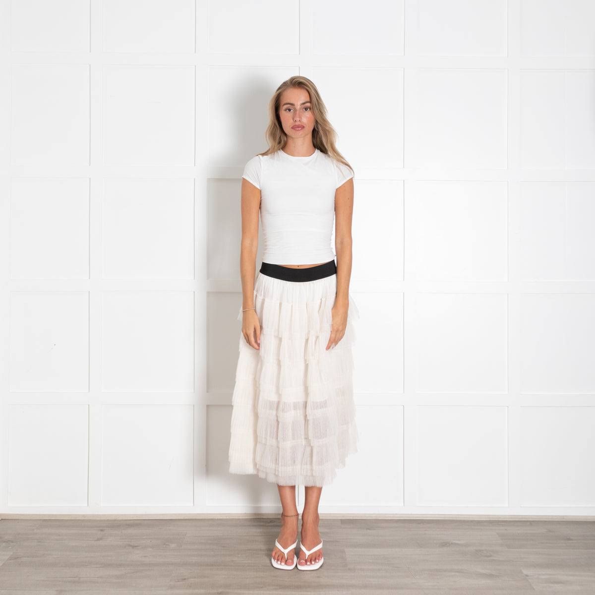 Maje Cream Semi-Sheer Tiered Midi Skirt