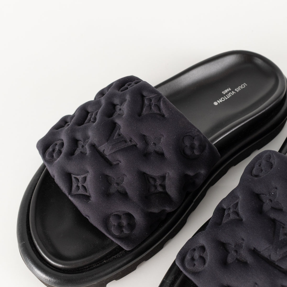 Louis Vuitton Black Plushy Embossed Monogram Velcro Sliders