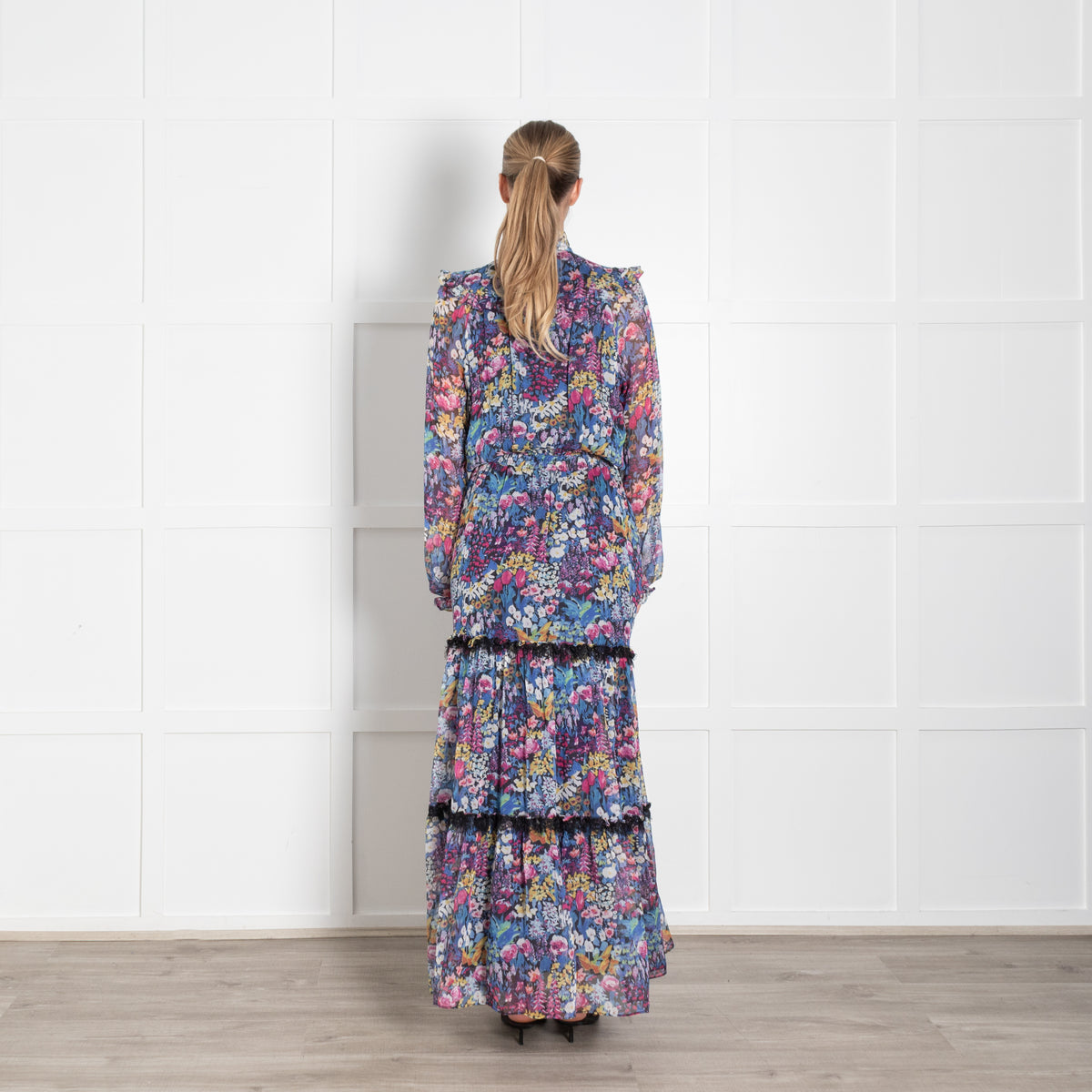 Ridley Navy Multi Floral Elasticated Waist Chiffon Maxi Dress