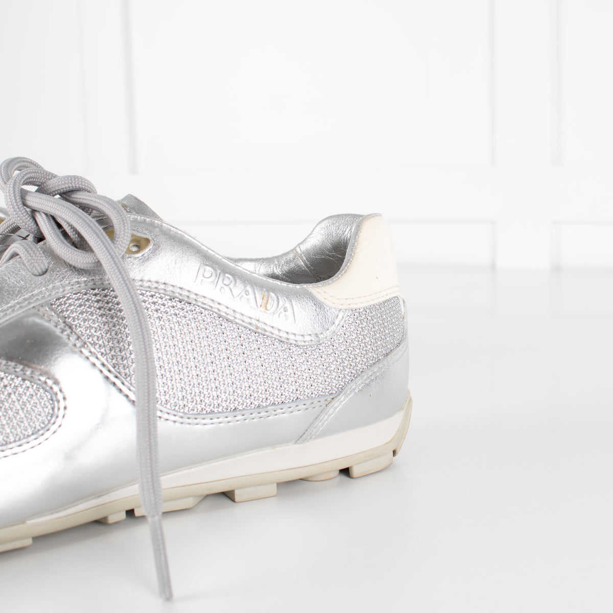 Prada Silver Leather & Mesh Lace Up Trainers