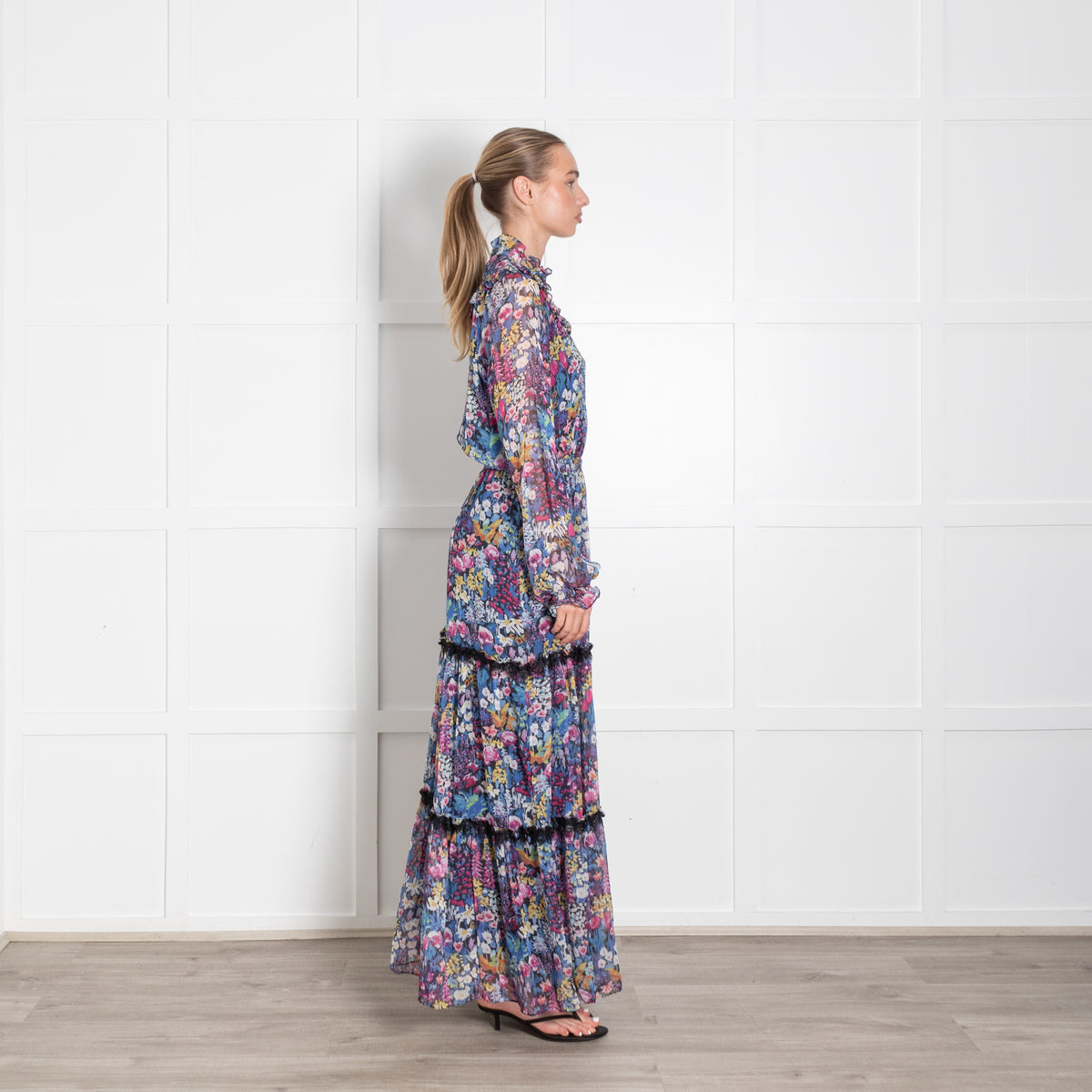 Ridley Navy Multi Floral Elasticated Waist Chiffon Maxi Dress