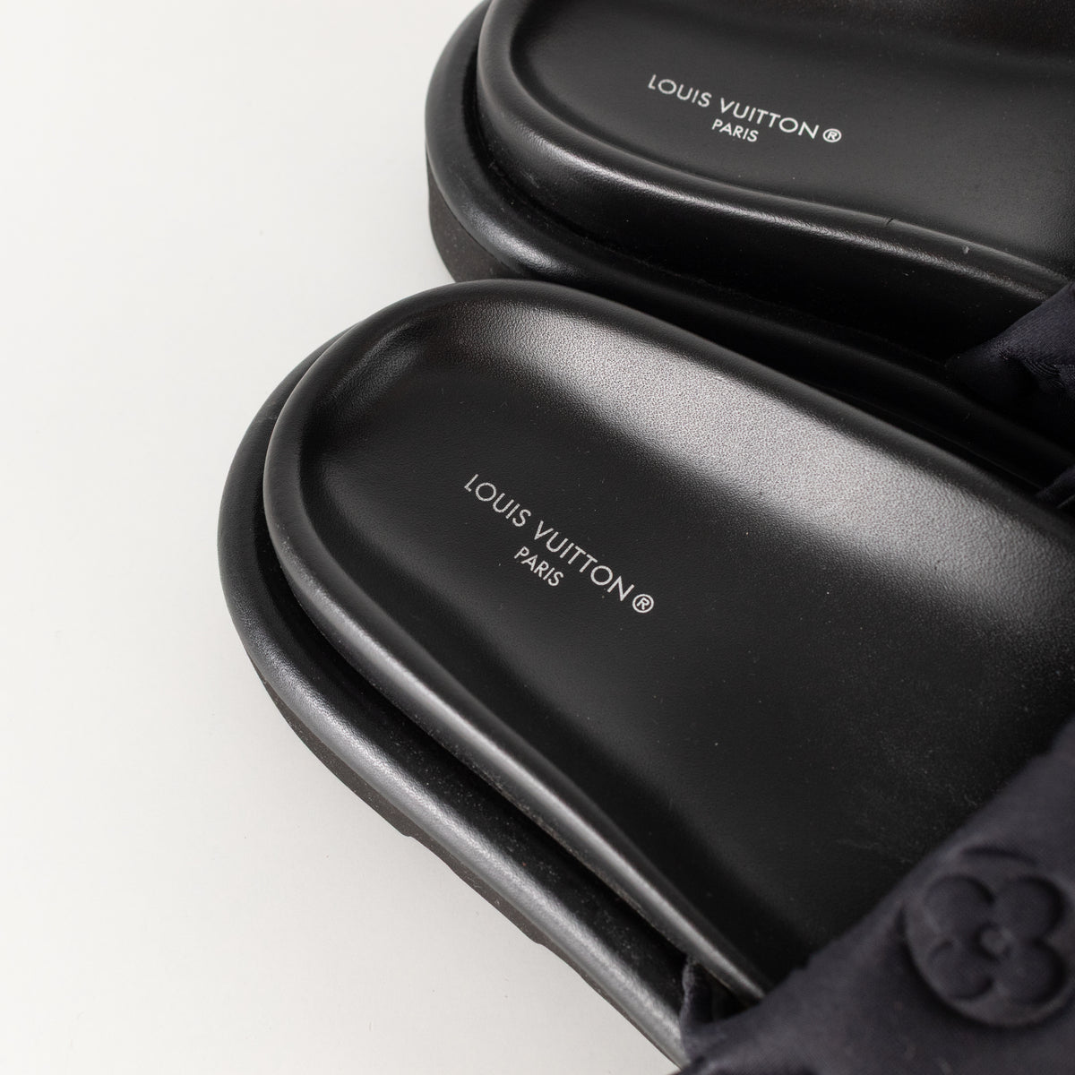 Louis Vuitton Black Plushy Embossed Monogram Velcro Sliders
