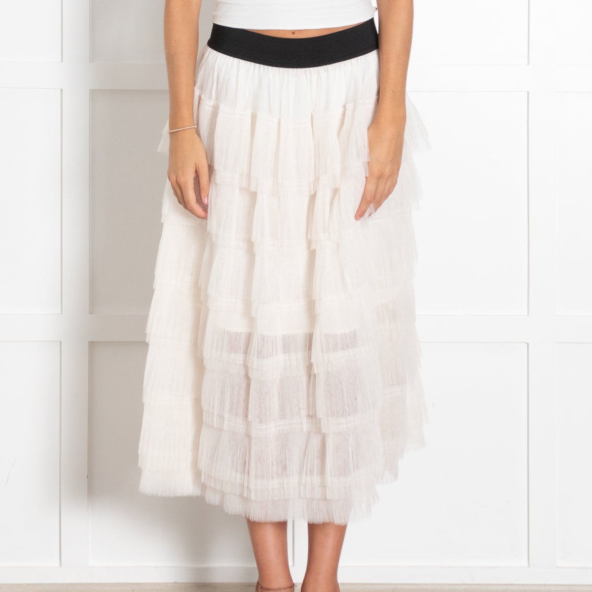 Maje Cream Semi-Sheer Tiered Midi Skirt