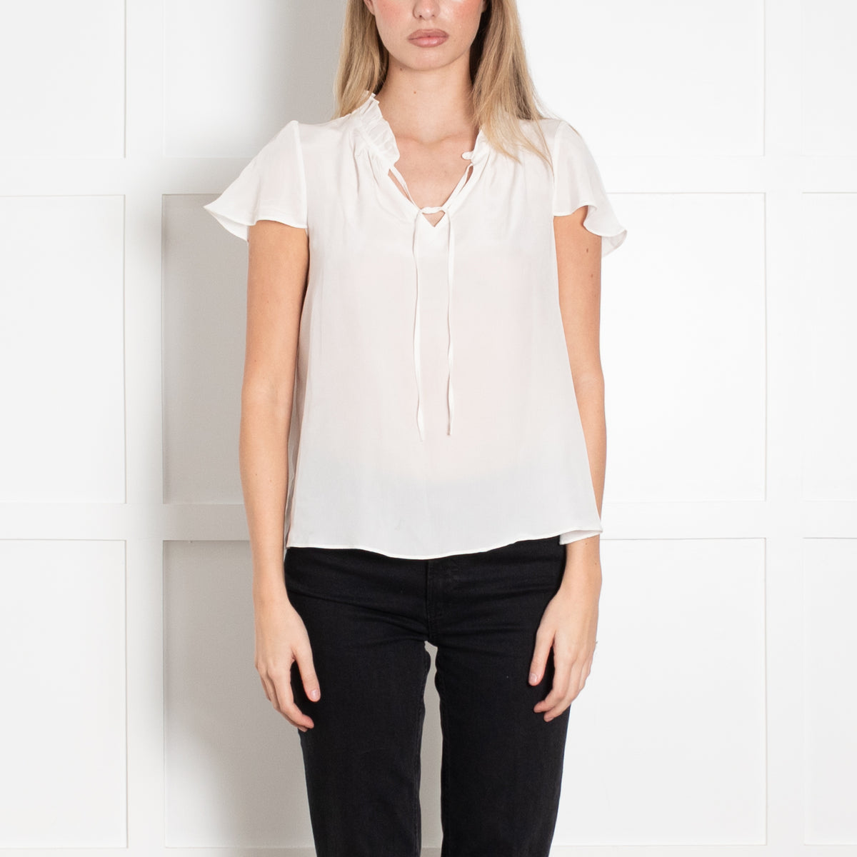 Ridley Cream Silk Ruffle Neck Cap Sleeve Top