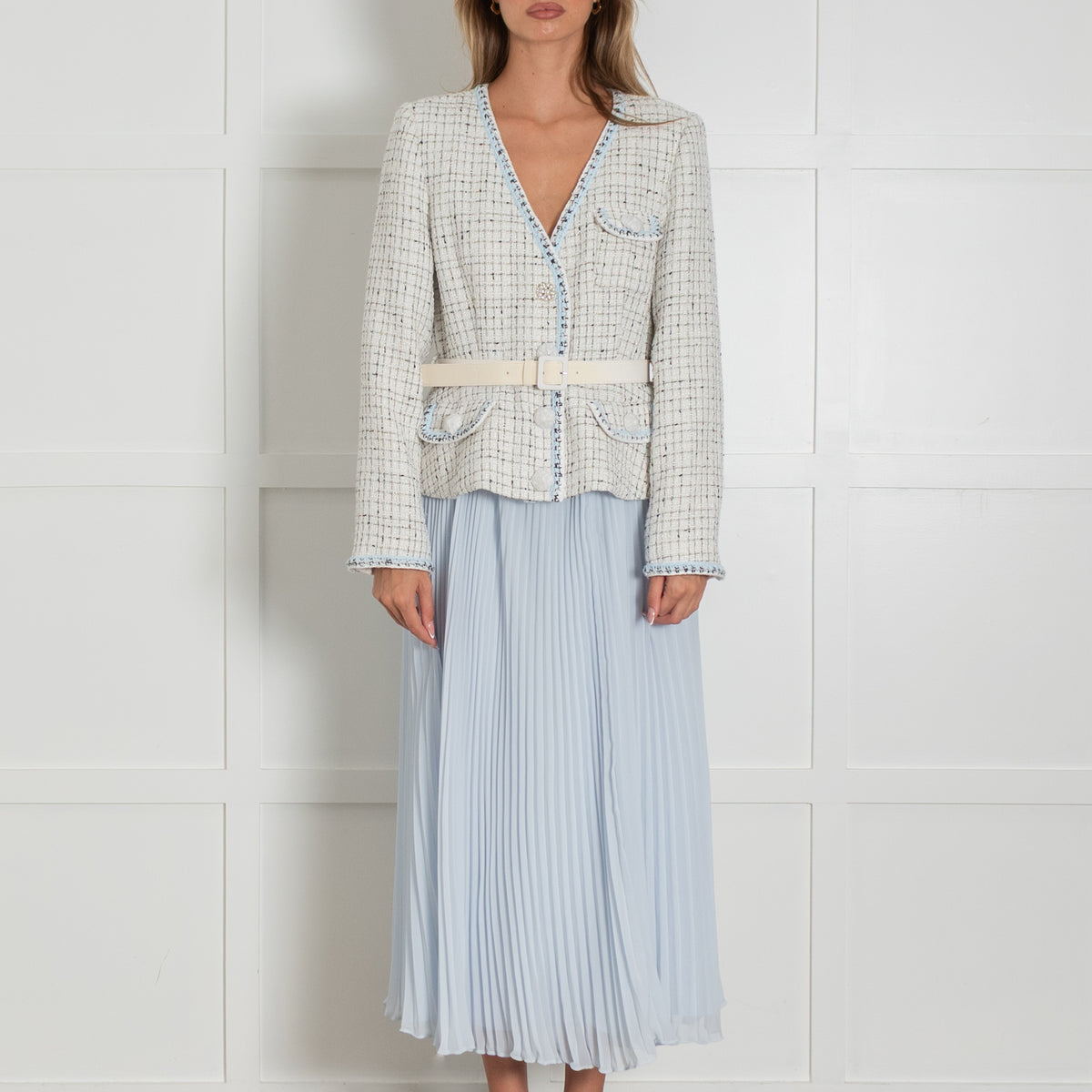Self Portrait White Tweed Blue Pleated Bottom Belted Dress