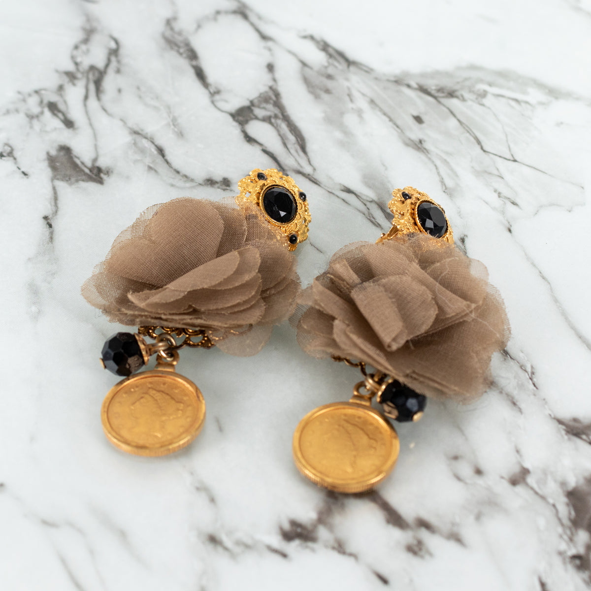 Dolce & Gabbana Gold & Black Jet Drop Clip On Earrings