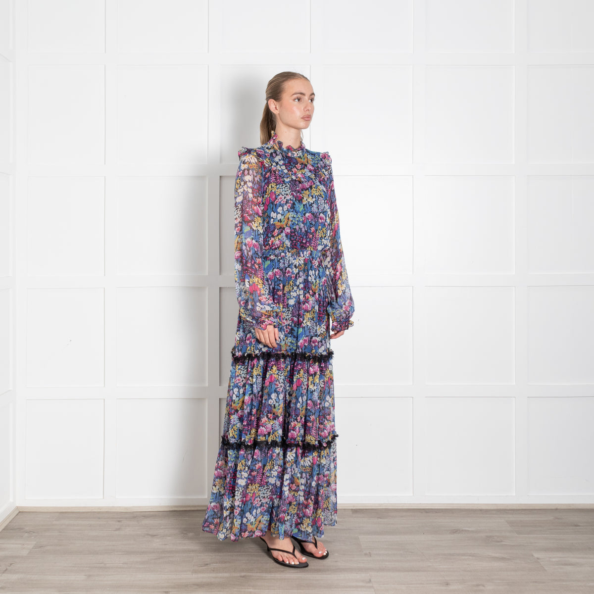 Ridley Navy Multi Floral Elasticated Waist Chiffon Maxi Dress