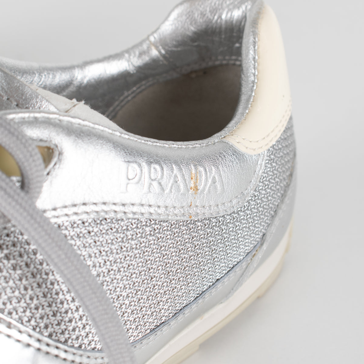 Prada Silver Leather & Mesh Lace Up Trainers