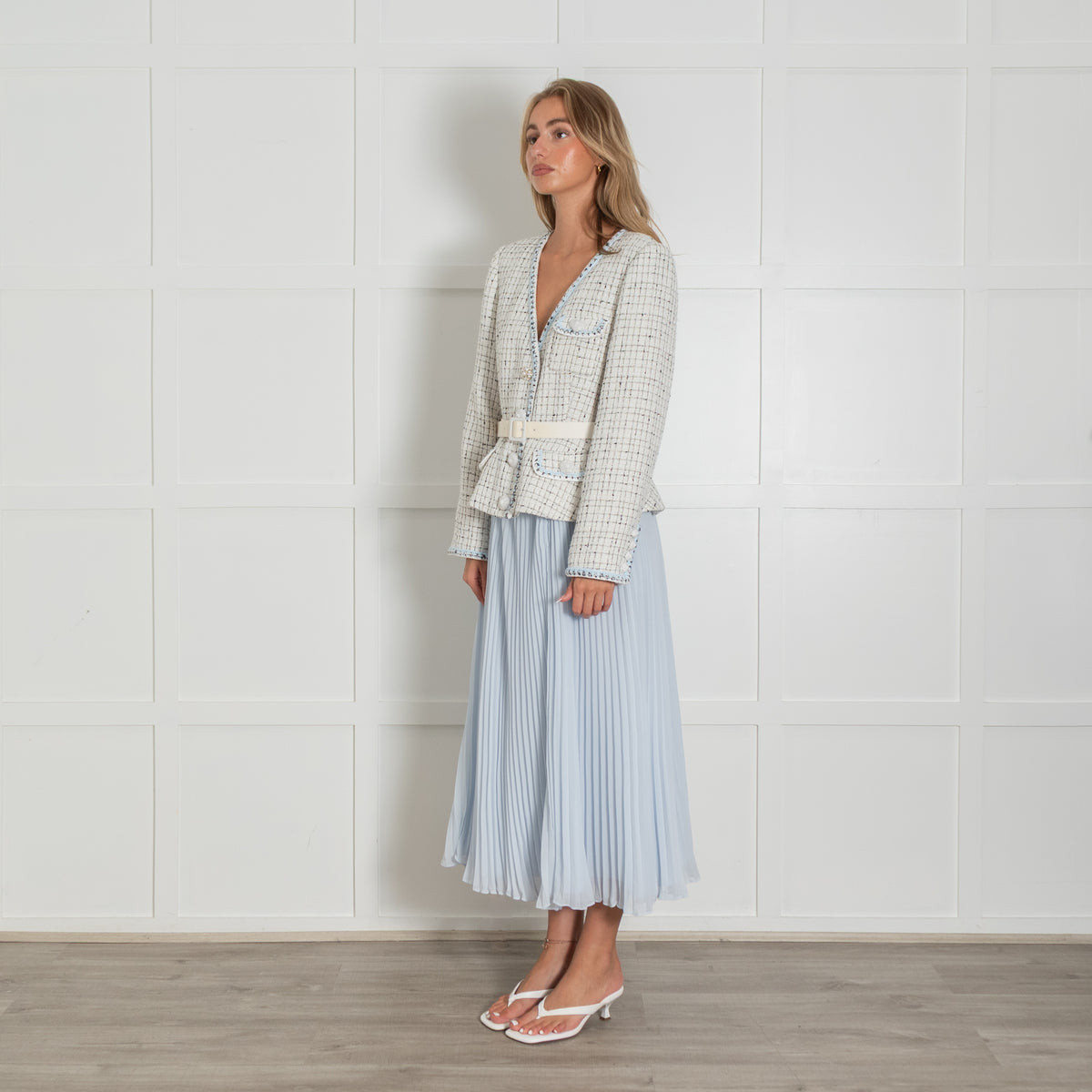 Self Portrait White Tweed Blue Pleated Bottom Belted Dress