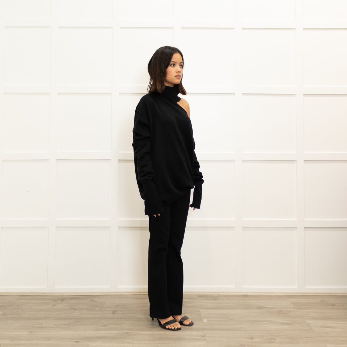 Paige Black Wool Blend Open Shoulder Oversized Rollneck