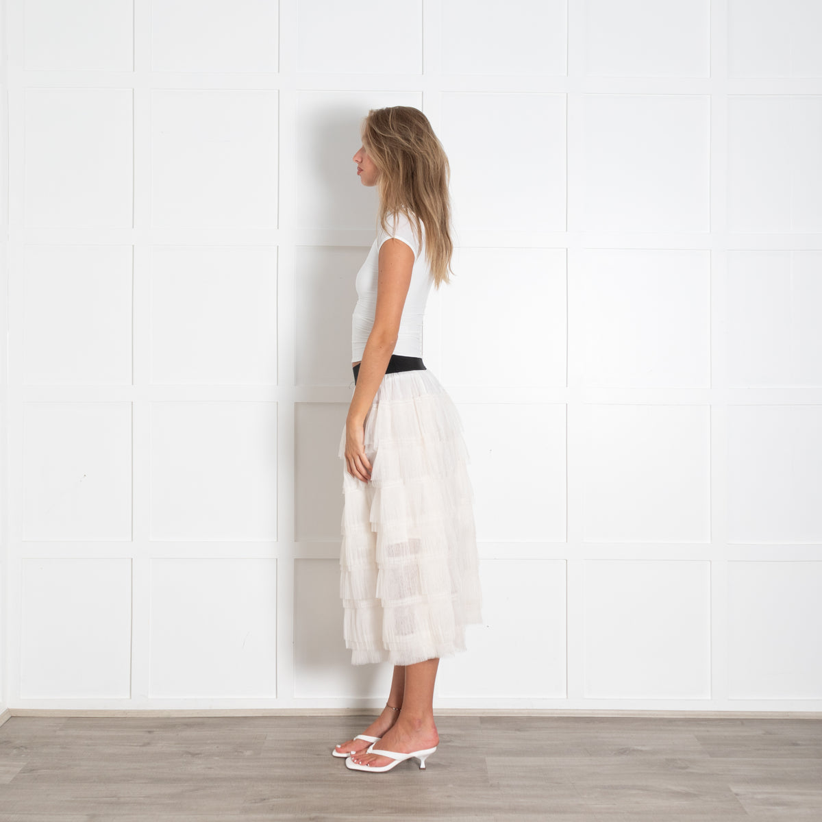 Maje Cream Semi-Sheer Tiered Midi Skirt