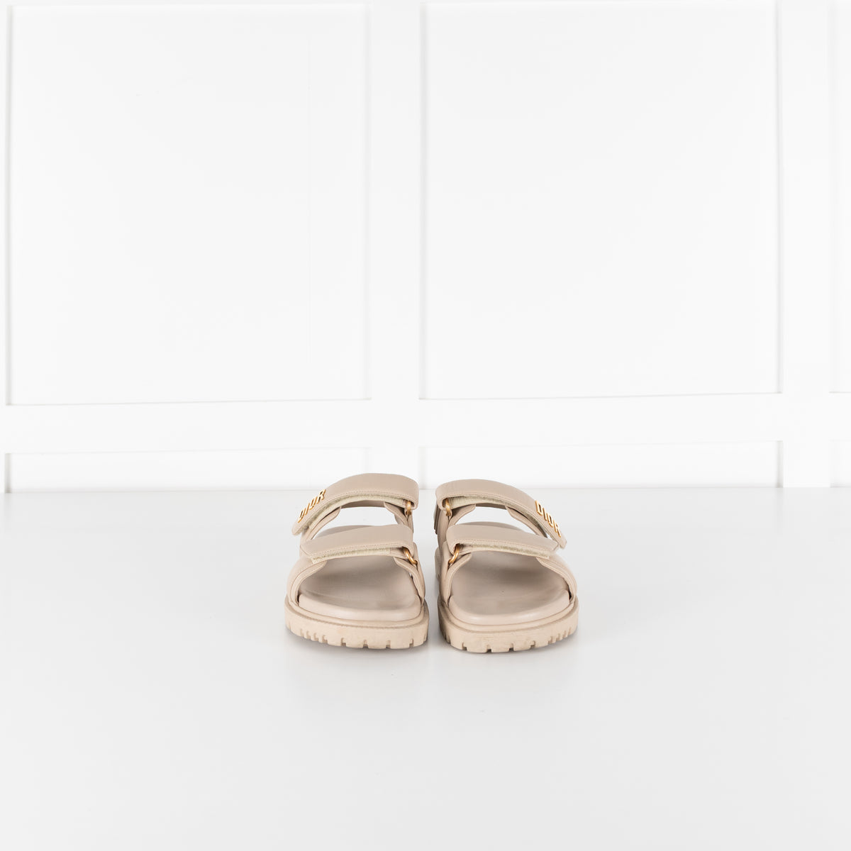 Dior Taupe Leather Velcro Sandals with Gold Toned Logo