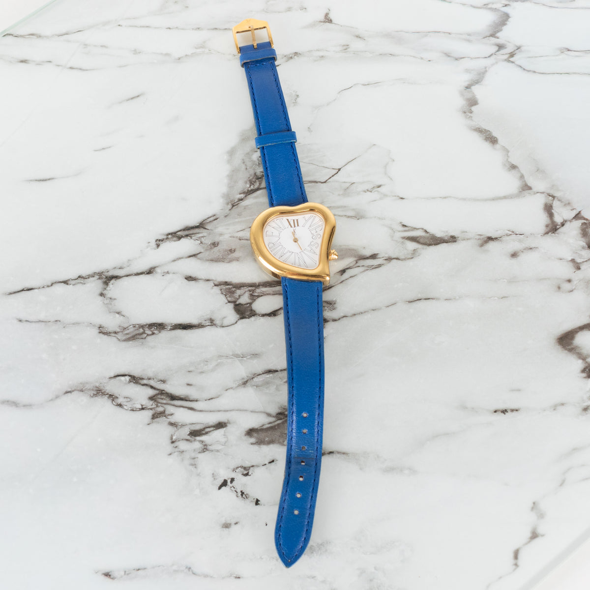 Yves Saint Laurent Blue Leather Strap Gold Hardware Heart Shape Watch