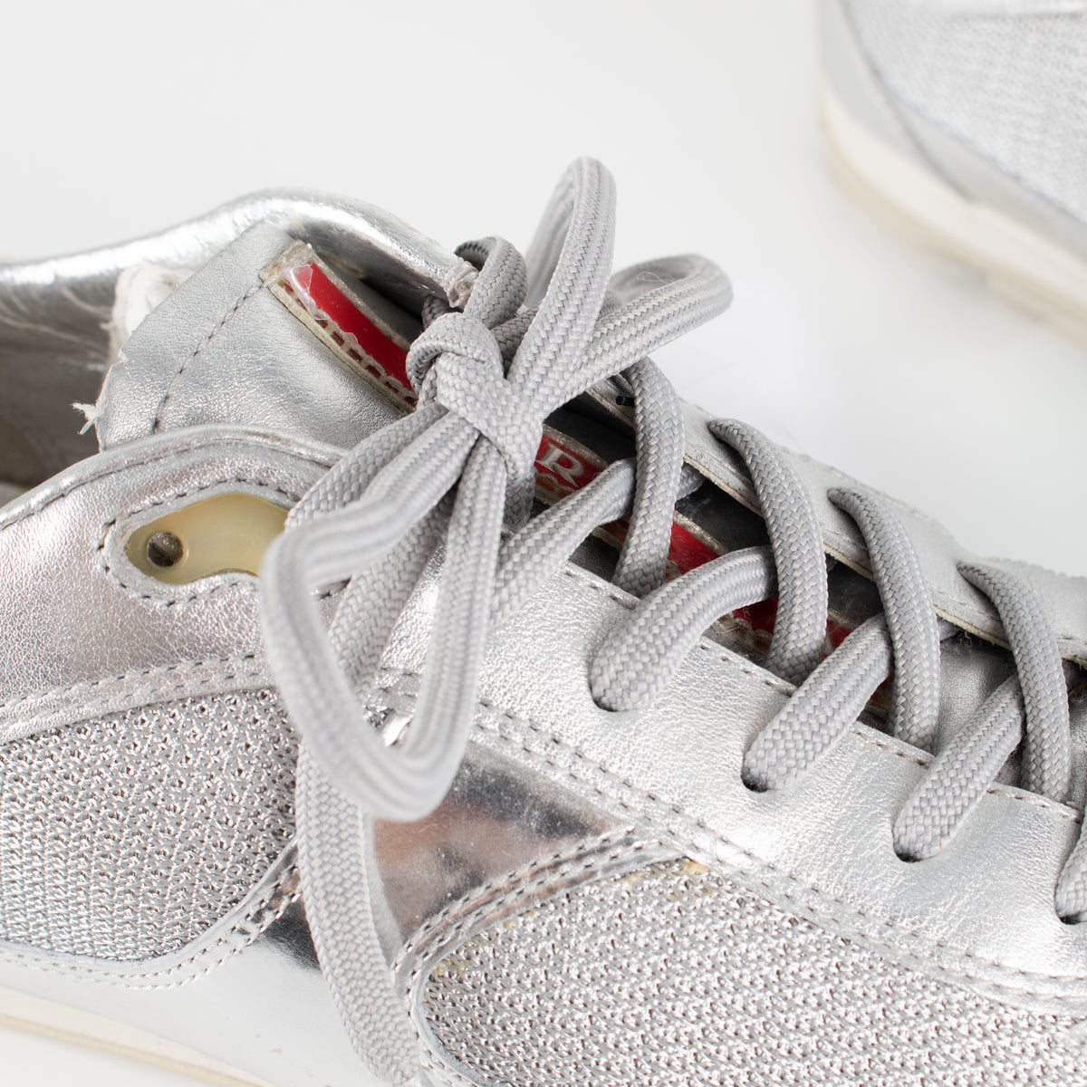 Prada Silver Leather & Mesh Lace Up Trainers