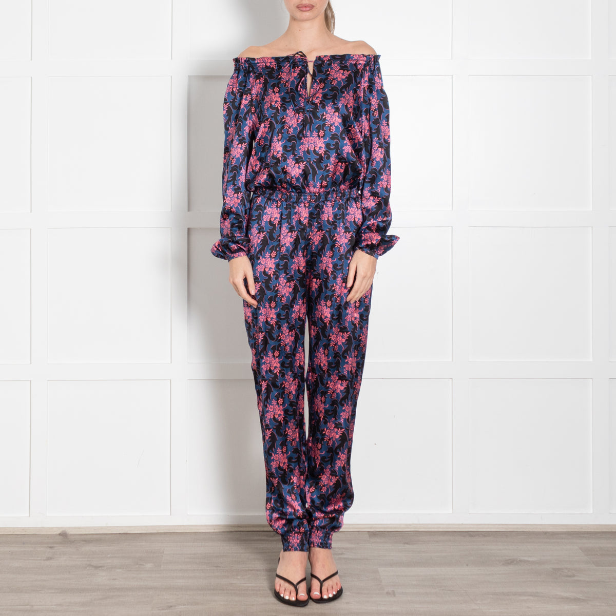 Ridley Blue Pink Black Floral Elasticated Waist Jumpsuit