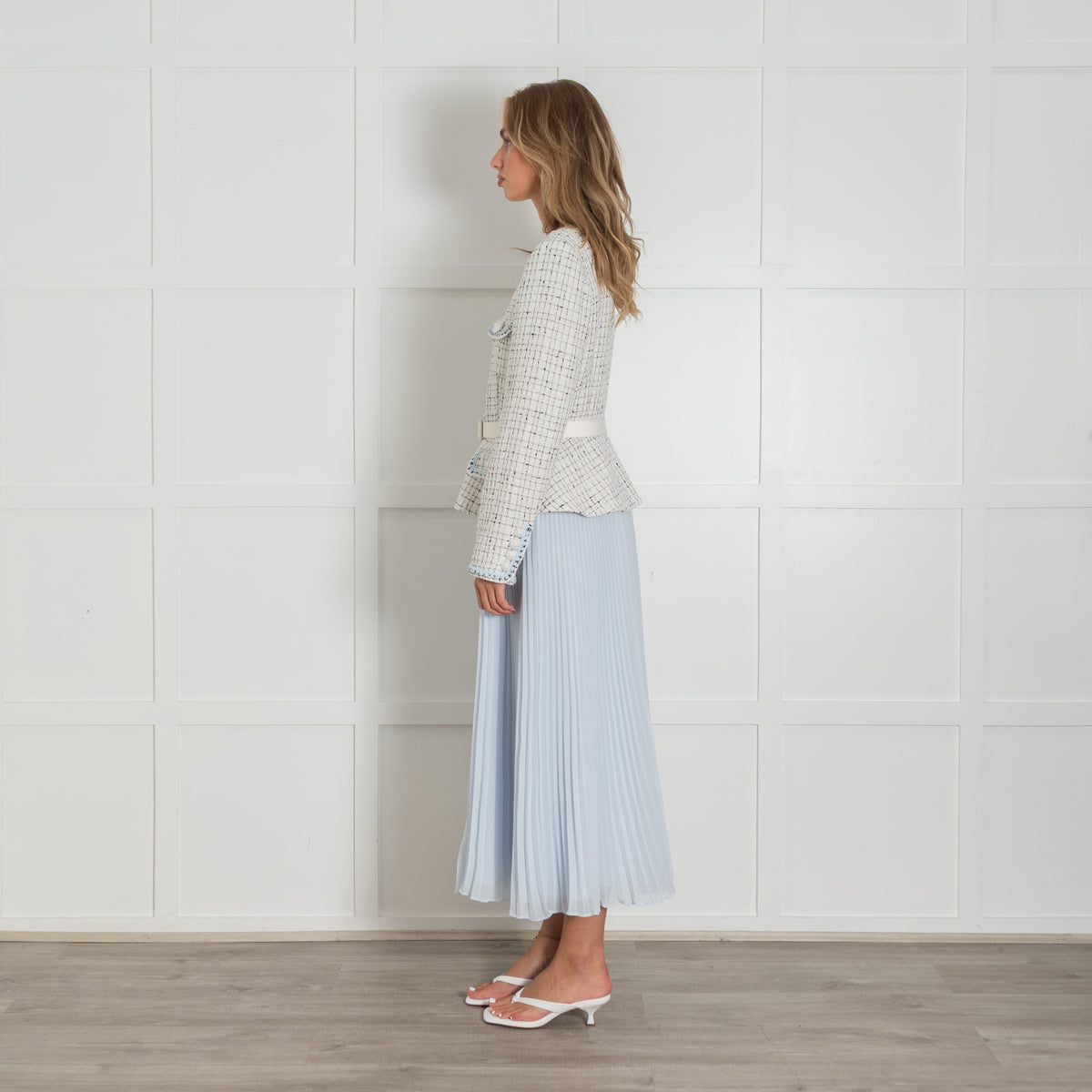 Self Portrait White Tweed Blue Pleated Bottom Belted Dress
