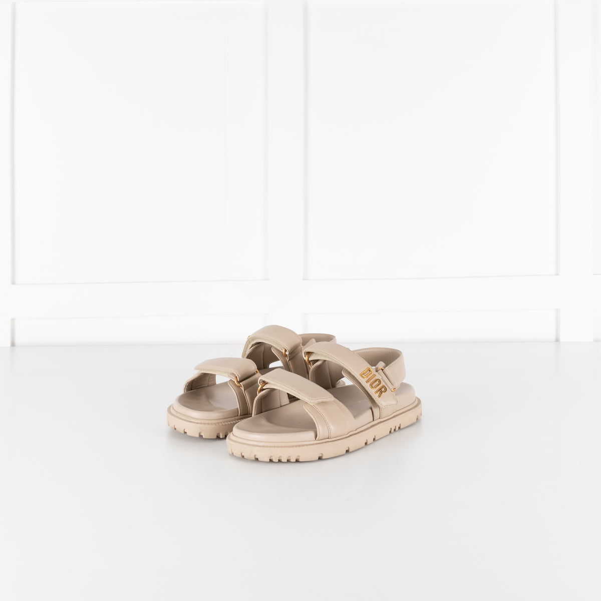 Dior Taupe Leather Velcro Sandals with Gold Toned Logo