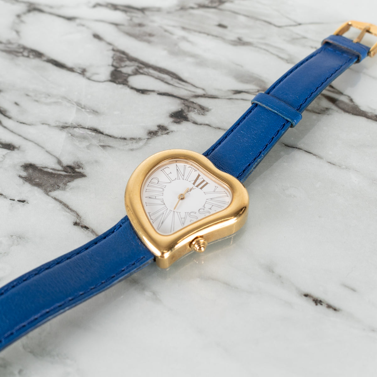 Yves Saint Laurent Blue Leather Strap Gold Hardware Heart Shape Watch
