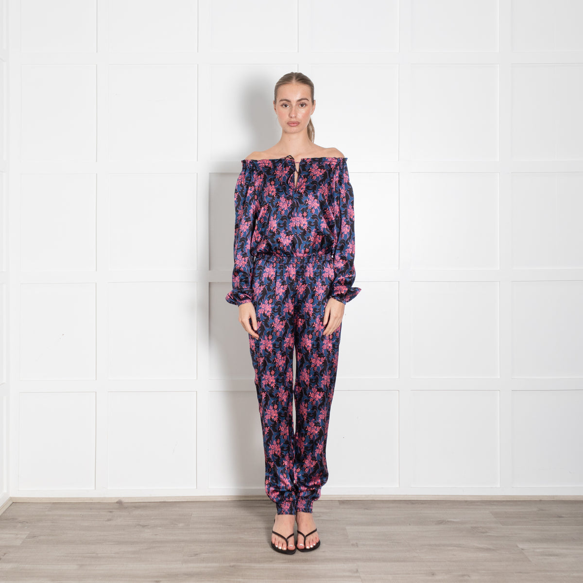 Ridley Blue Pink Black Floral Elasticated Waist Jumpsuit