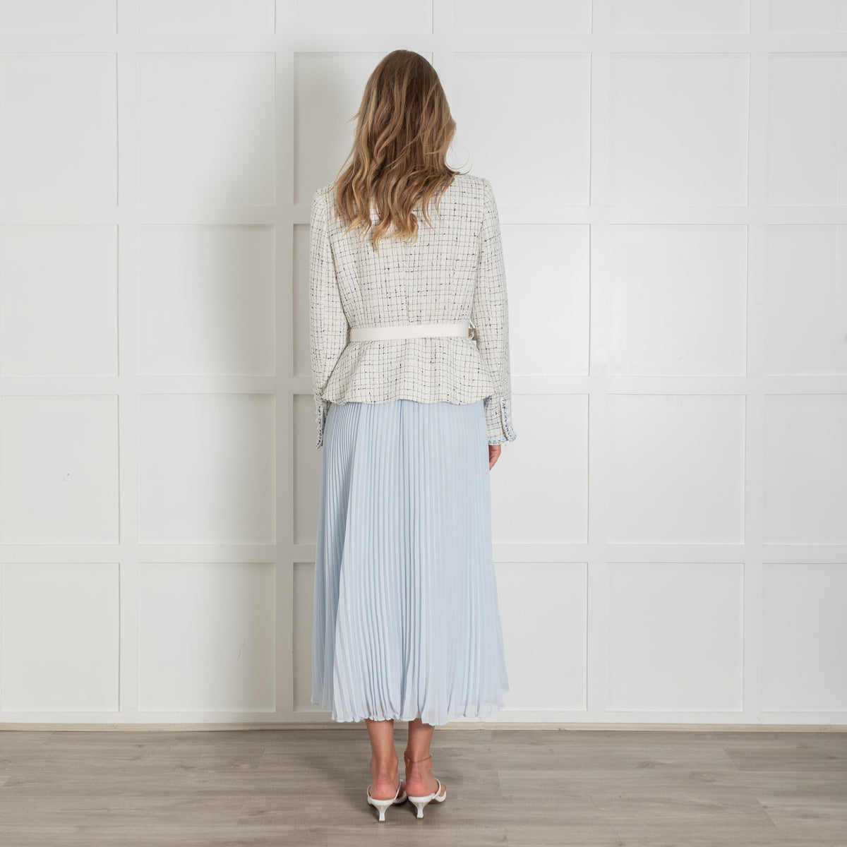 Self Portrait White Tweed Blue Pleated Bottom Belted Dress