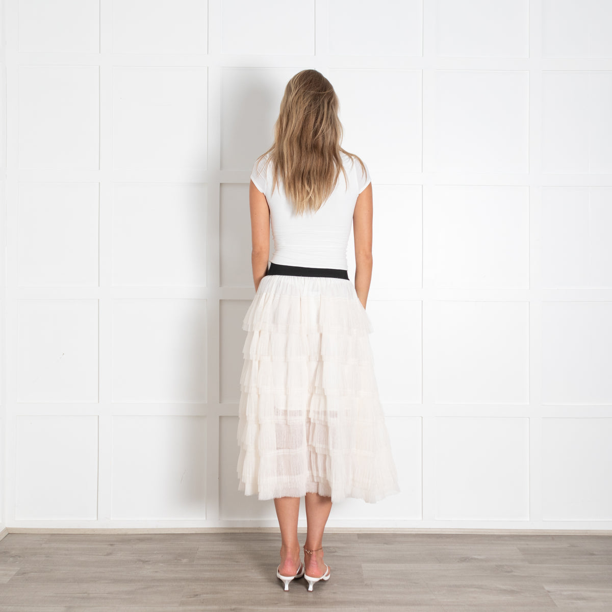 Maje Cream Semi-Sheer Tiered Midi Skirt