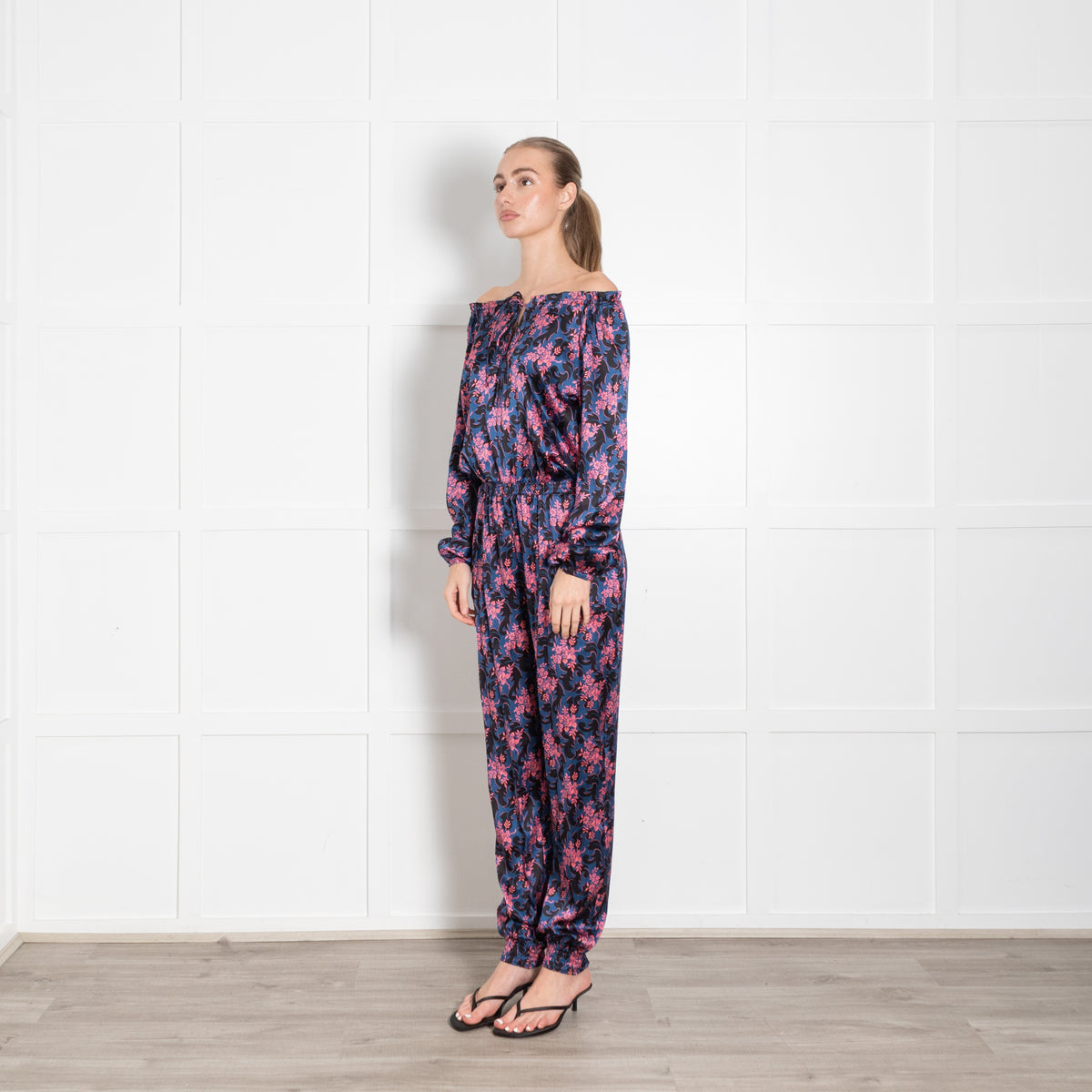 Ridley Blue Pink Black Floral Elasticated Waist Jumpsuit
