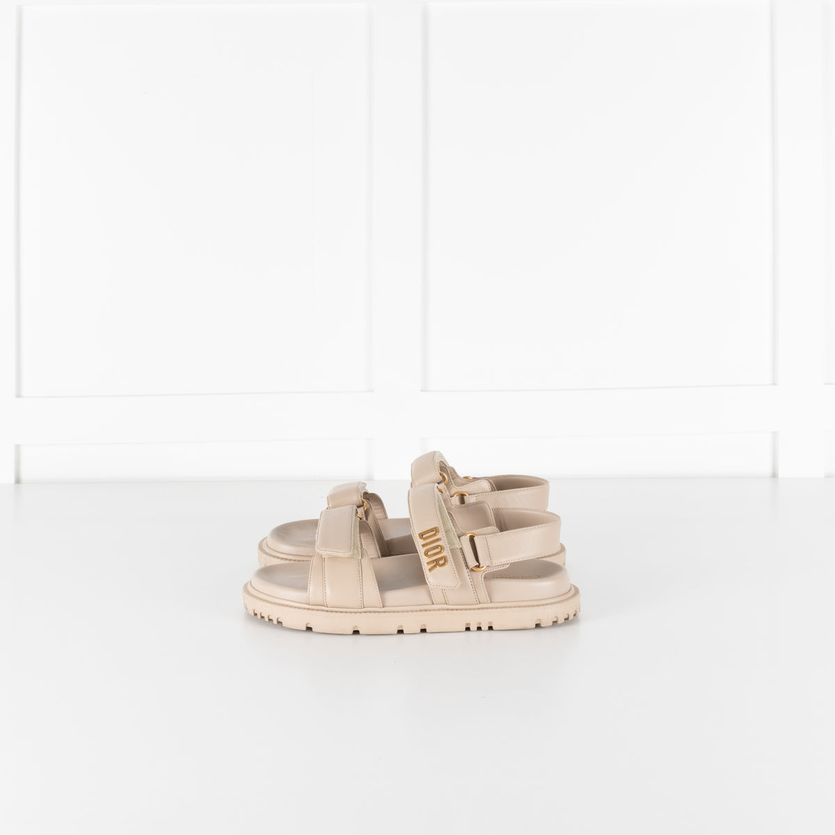 Dior Taupe Leather Velcro Sandals with Gold Toned Logo
