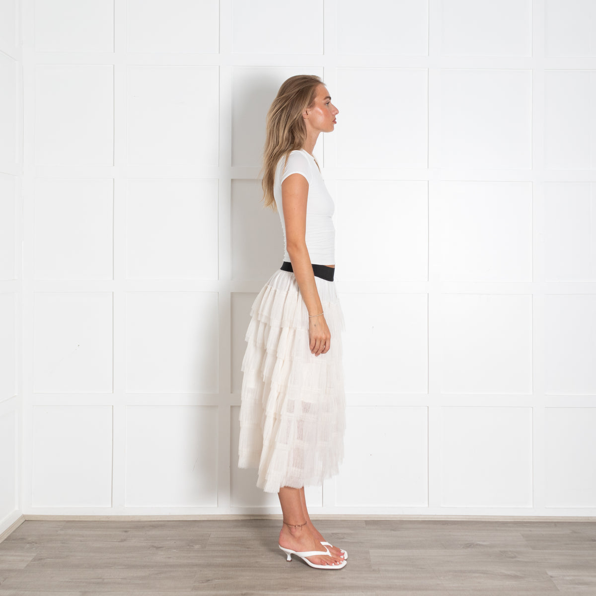 Maje Cream Semi-Sheer Tiered Midi Skirt