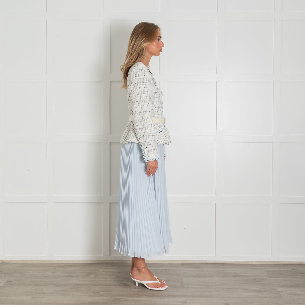 Self Portrait White Tweed Blue Pleated Bottom Belted Dress
