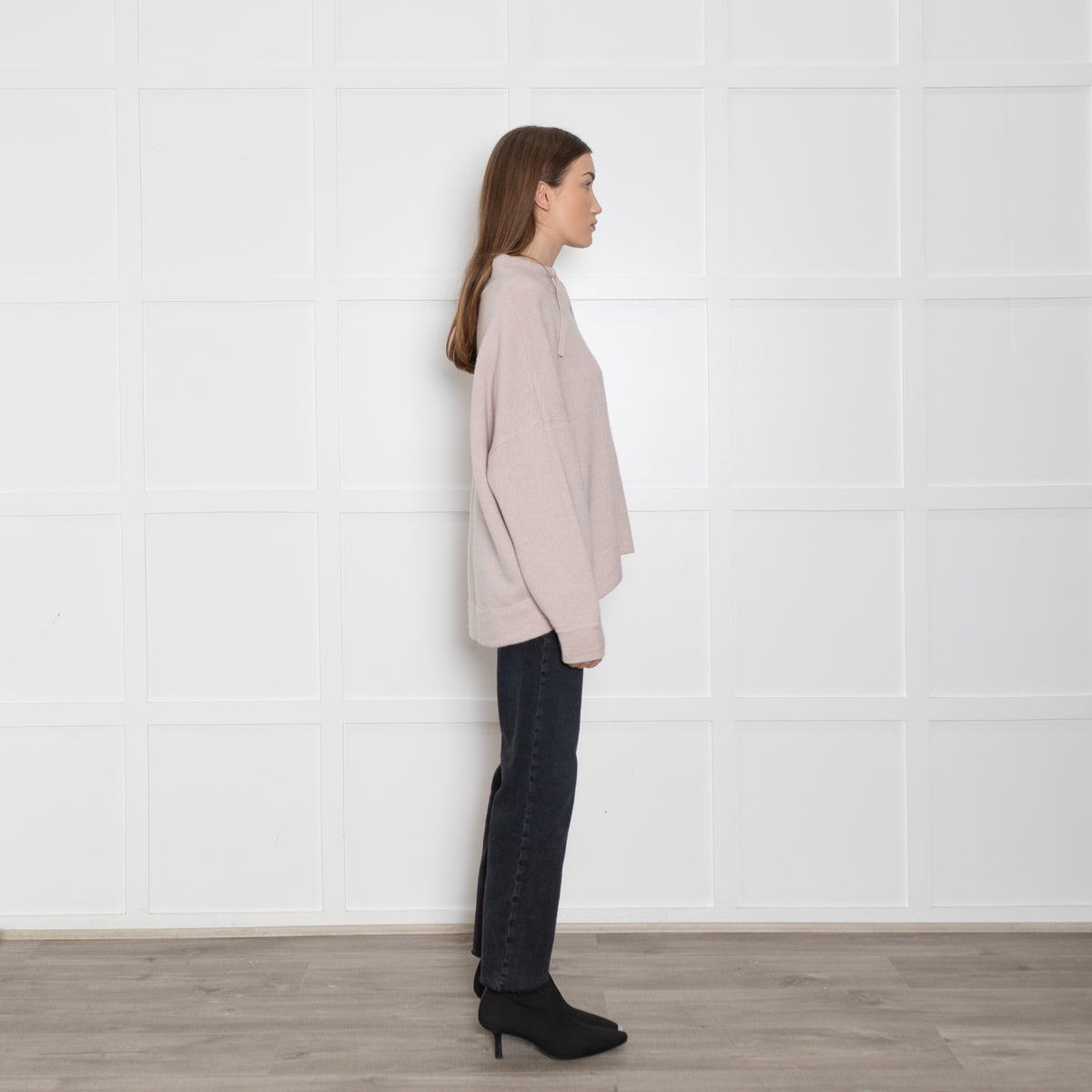 360 Cashmere Pink Jumper With Black Side Stripes & Tie Neck