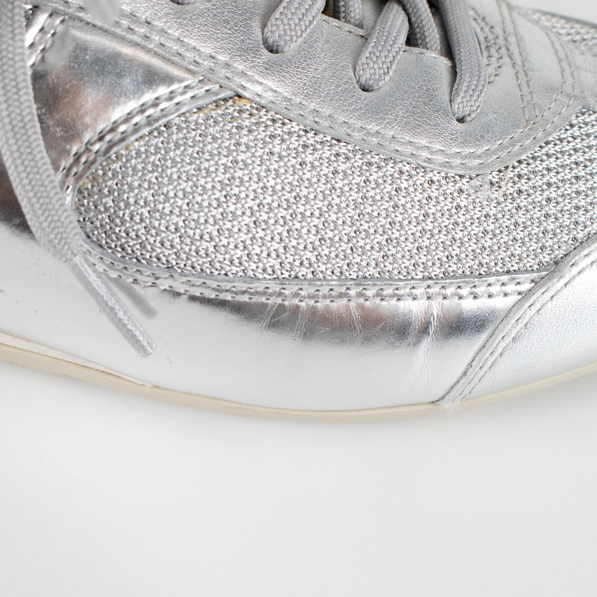 Prada Silver Leather & Mesh Lace Up Trainers