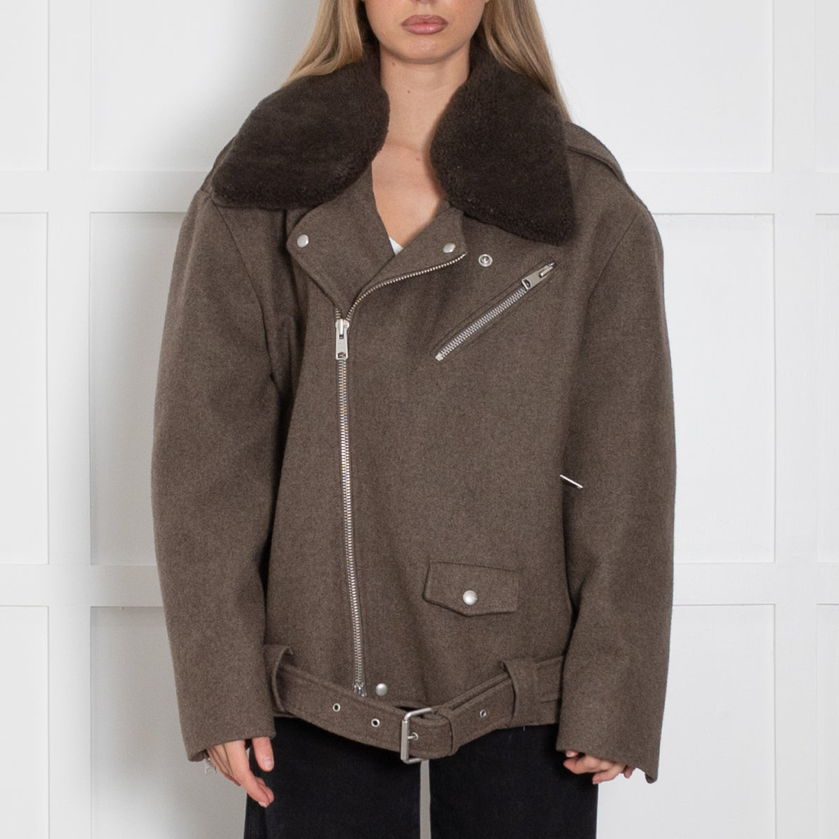 All Saints Mard Brown Wool Blend Biker Jacket