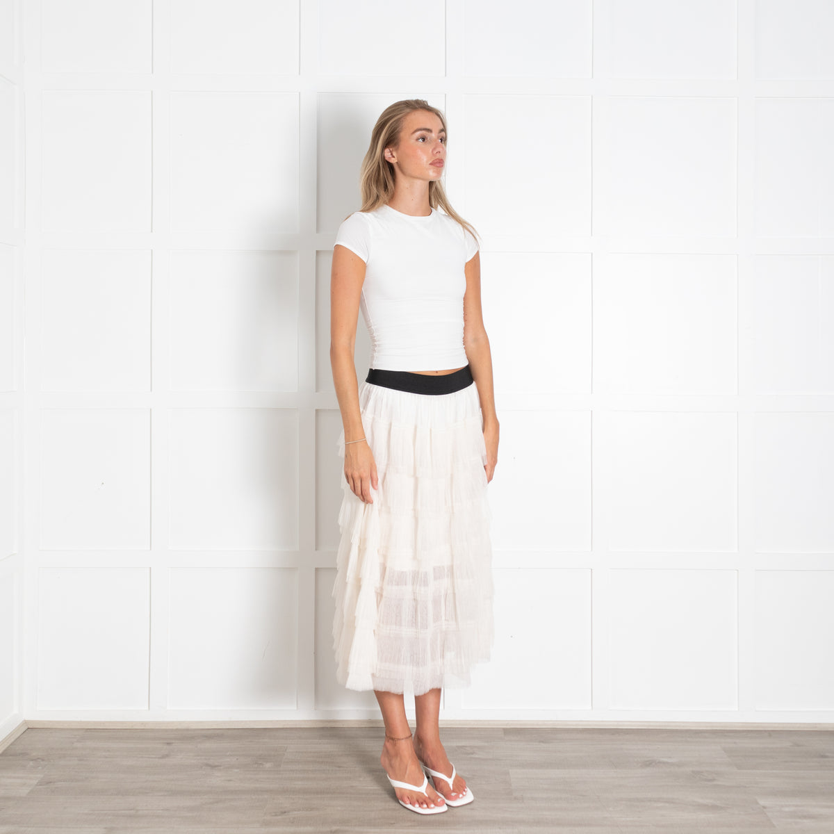 Maje Cream Semi-Sheer Tiered Midi Skirt
