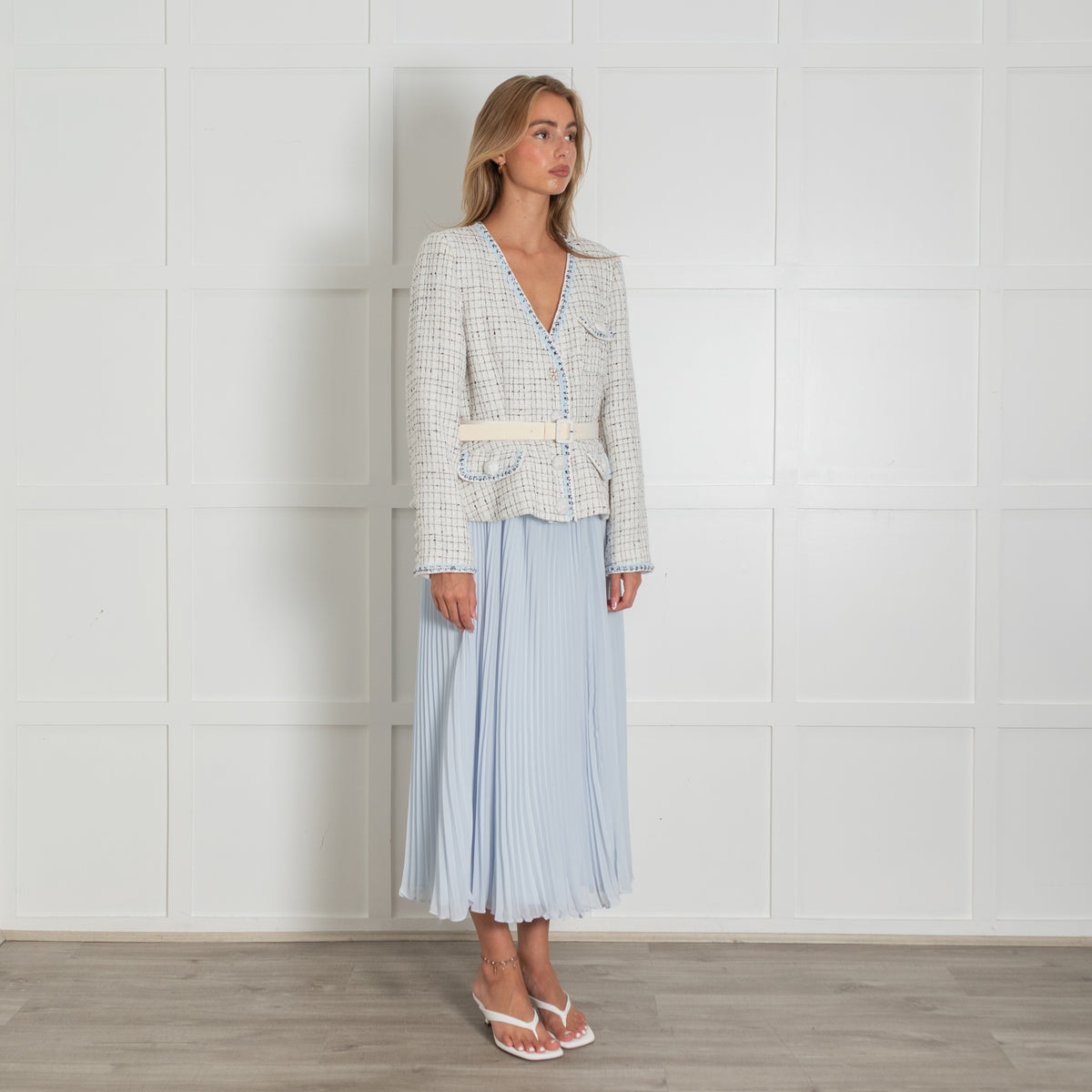 Self Portrait White Tweed Blue Pleated Bottom Belted Dress