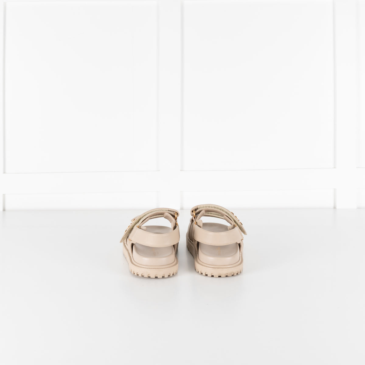 Dior Taupe Leather Velcro Sandals with Gold Toned Logo