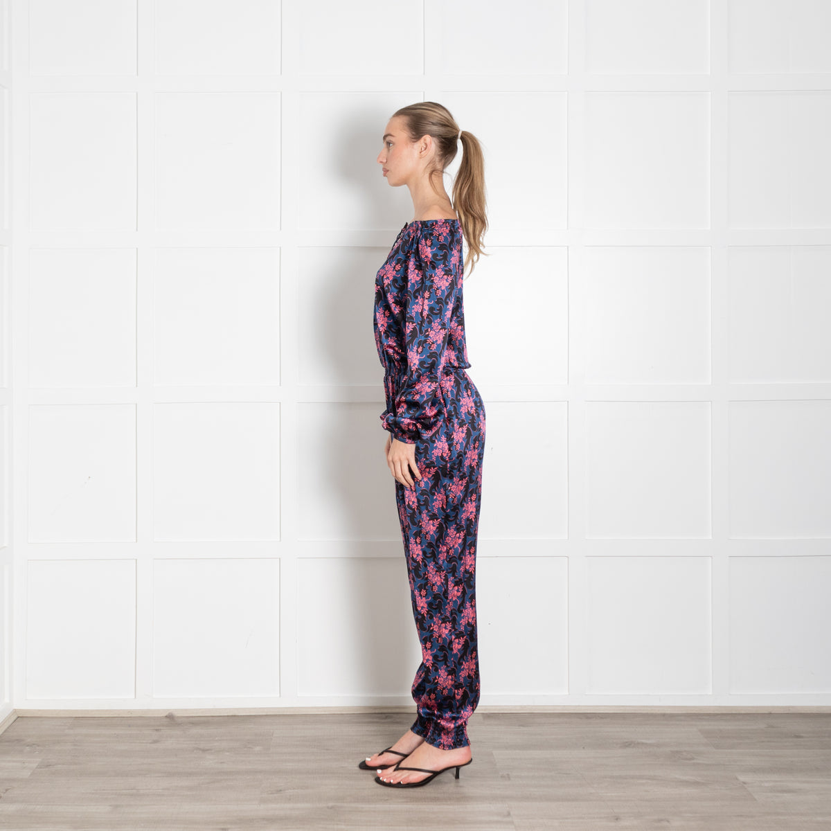 Ridley Blue Pink Black Floral Elasticated Waist Jumpsuit