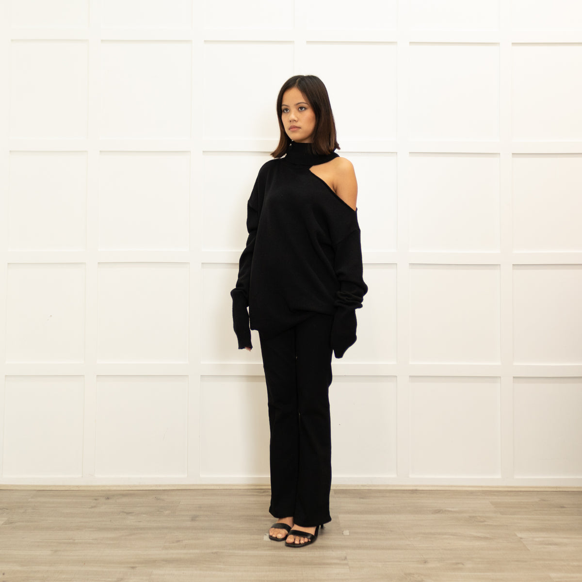 Paige Black Wool Blend Open Shoulder Oversized Rollneck