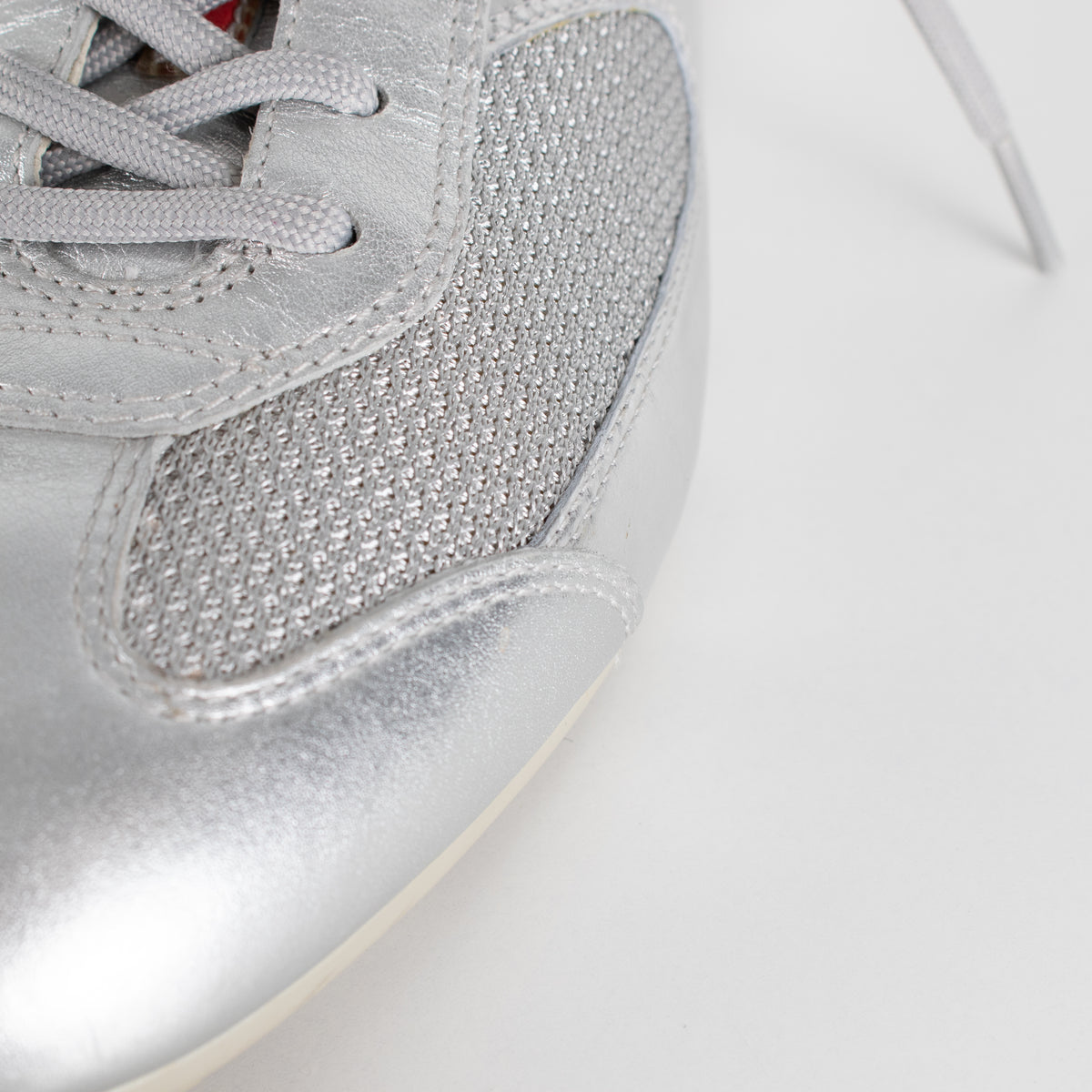 Prada Silver Leather & Mesh Lace Up Trainers