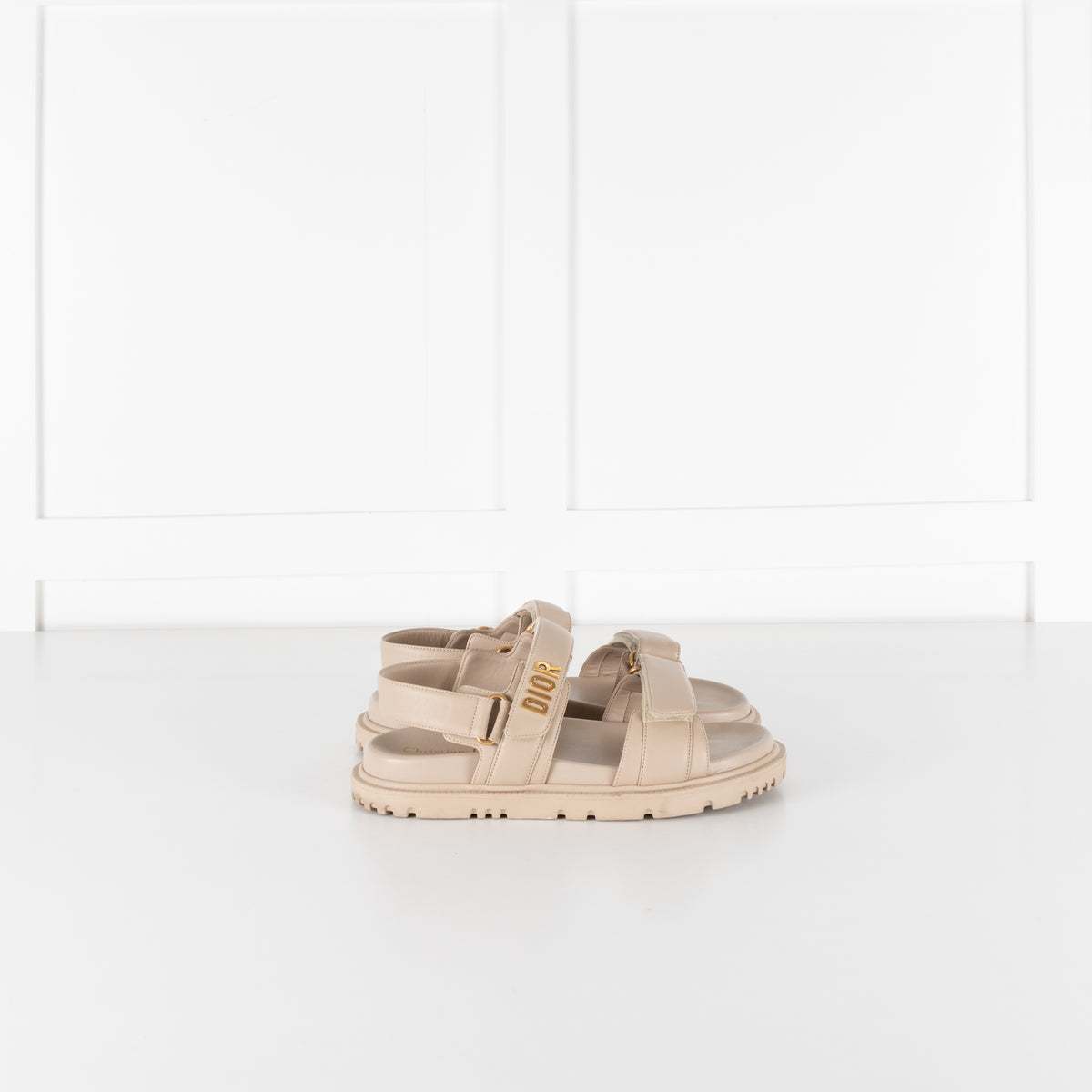 Dior Taupe Leather Velcro Sandals with Gold Toned Logo