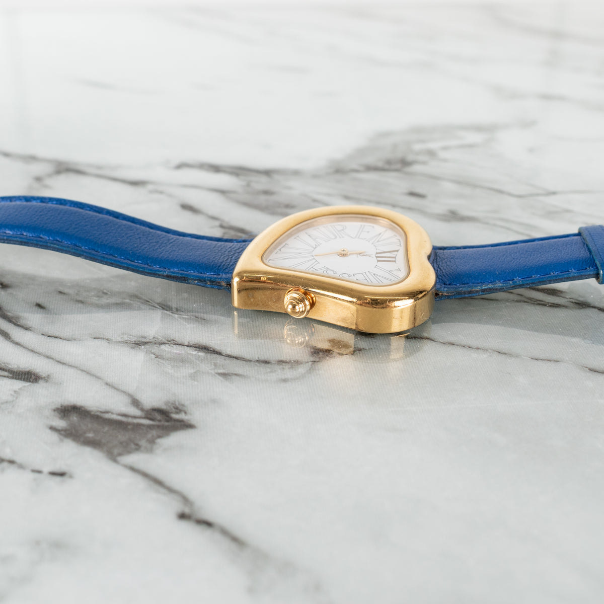 Yves Saint Laurent Blue Leather Strap Gold Hardware Heart Shape Watch