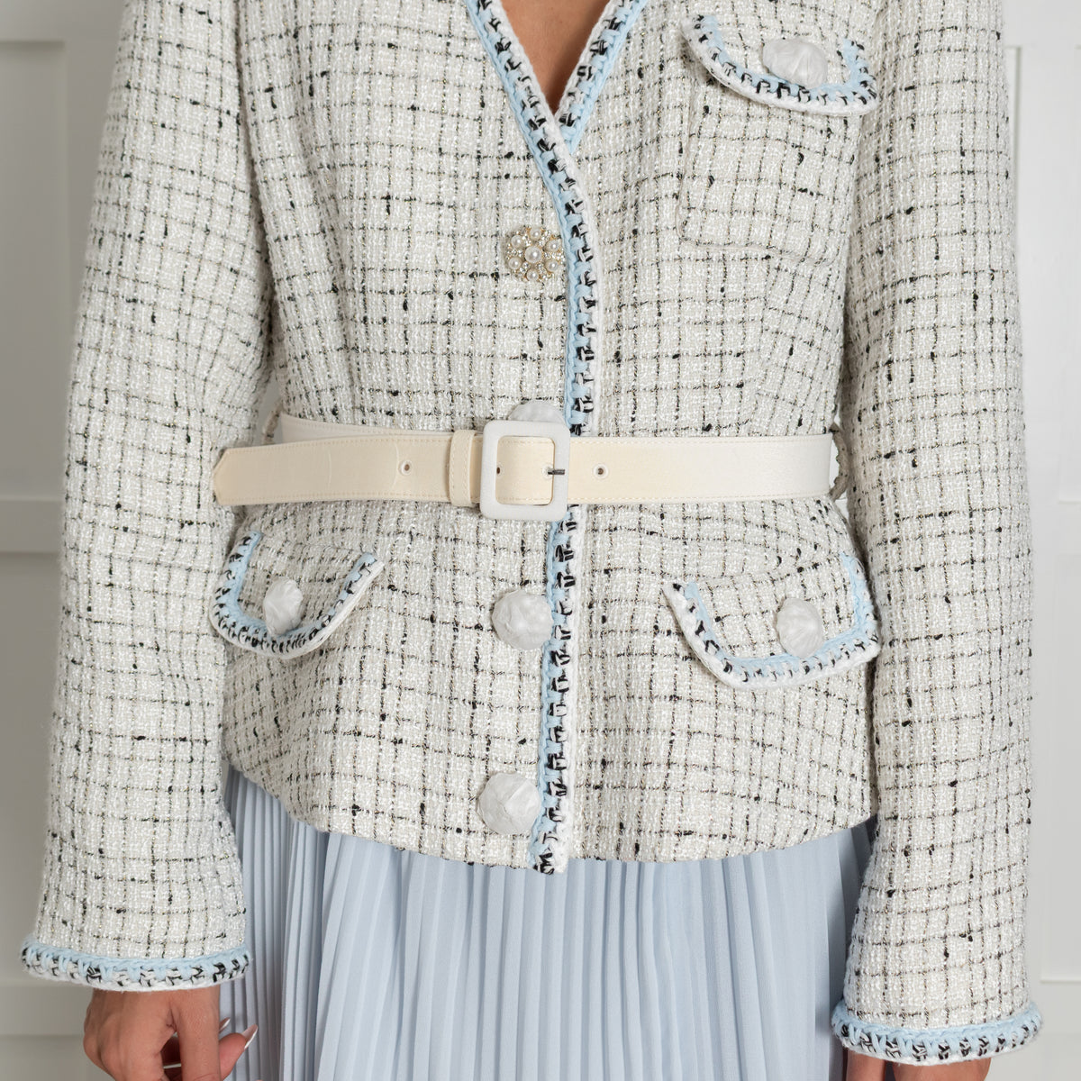 Self Portrait White Tweed Blue Pleated Bottom Belted Dress