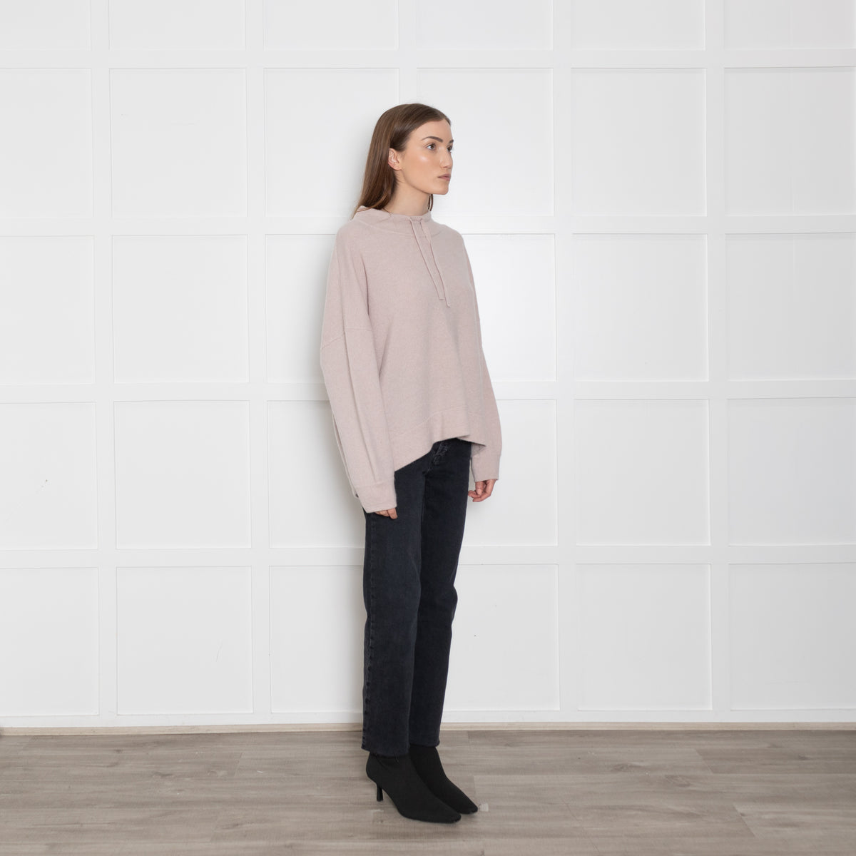 360 Cashmere Pink Jumper With Black Side Stripes & Tie Neck
