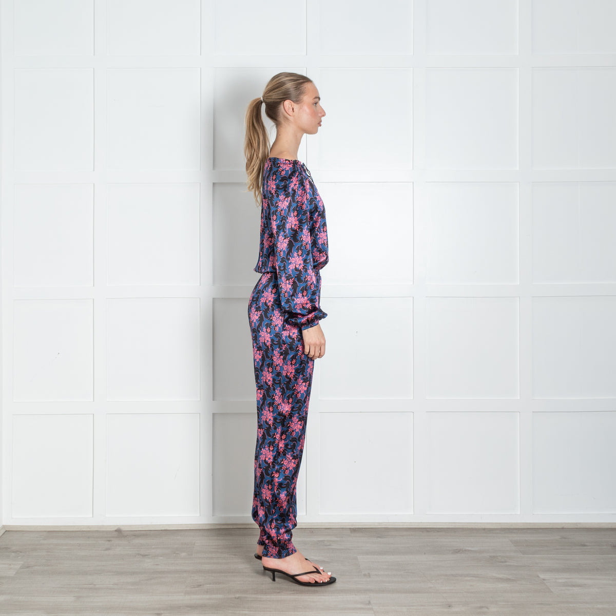 Ridley Blue Pink Black Floral Elasticated Waist Jumpsuit