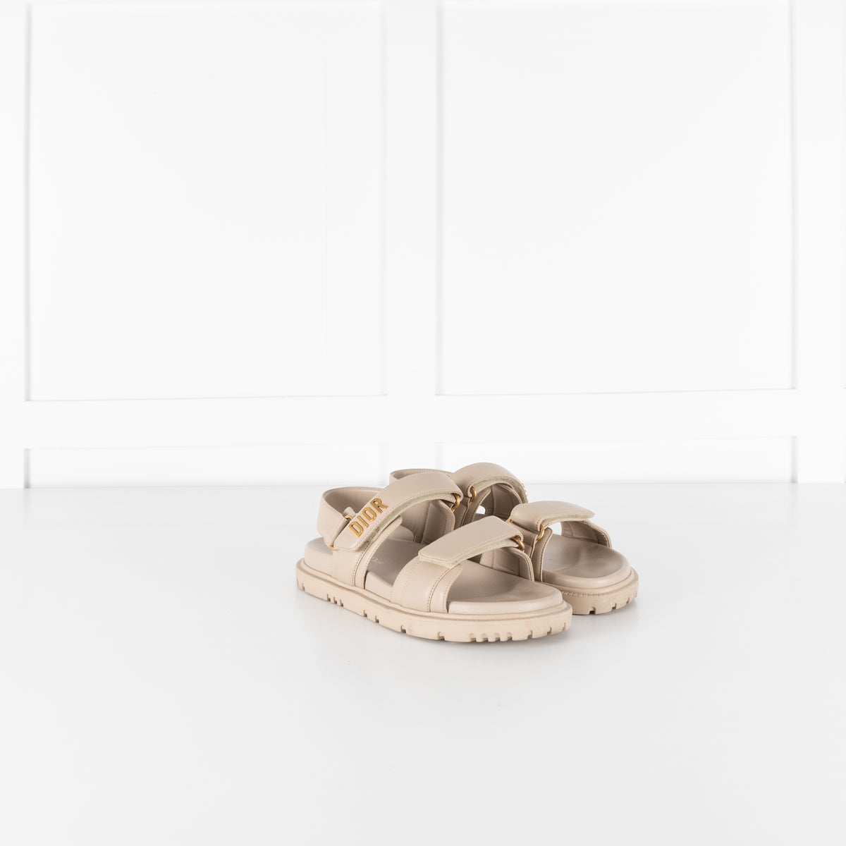 Dior Taupe Leather Velcro Sandals with Gold Toned Logo