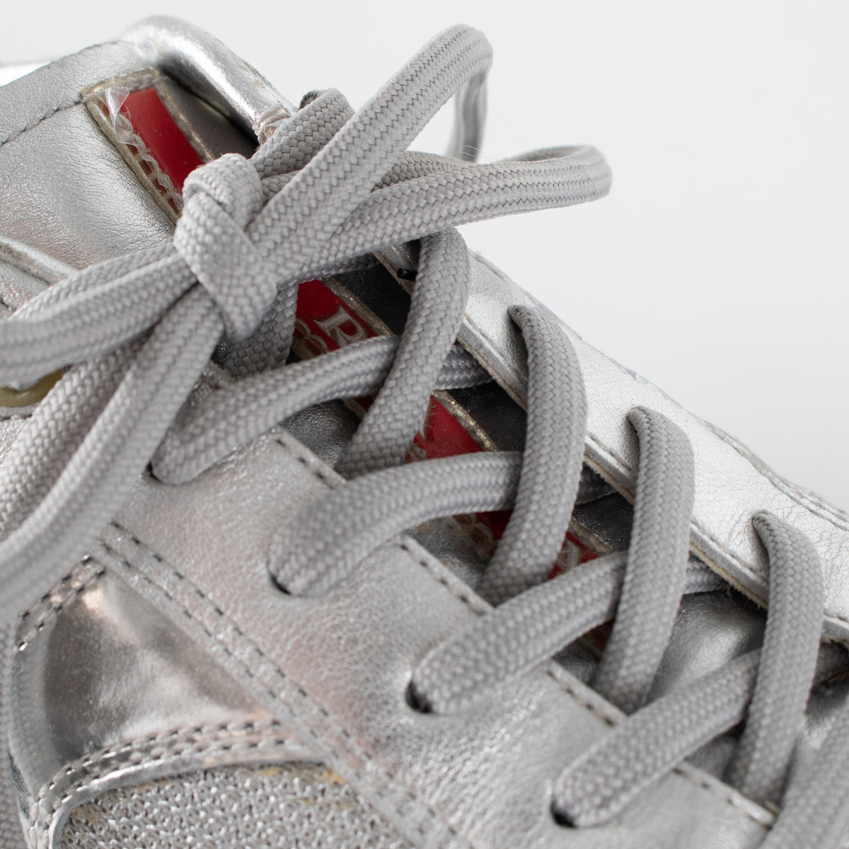 Prada Silver Leather & Mesh Lace Up Trainers