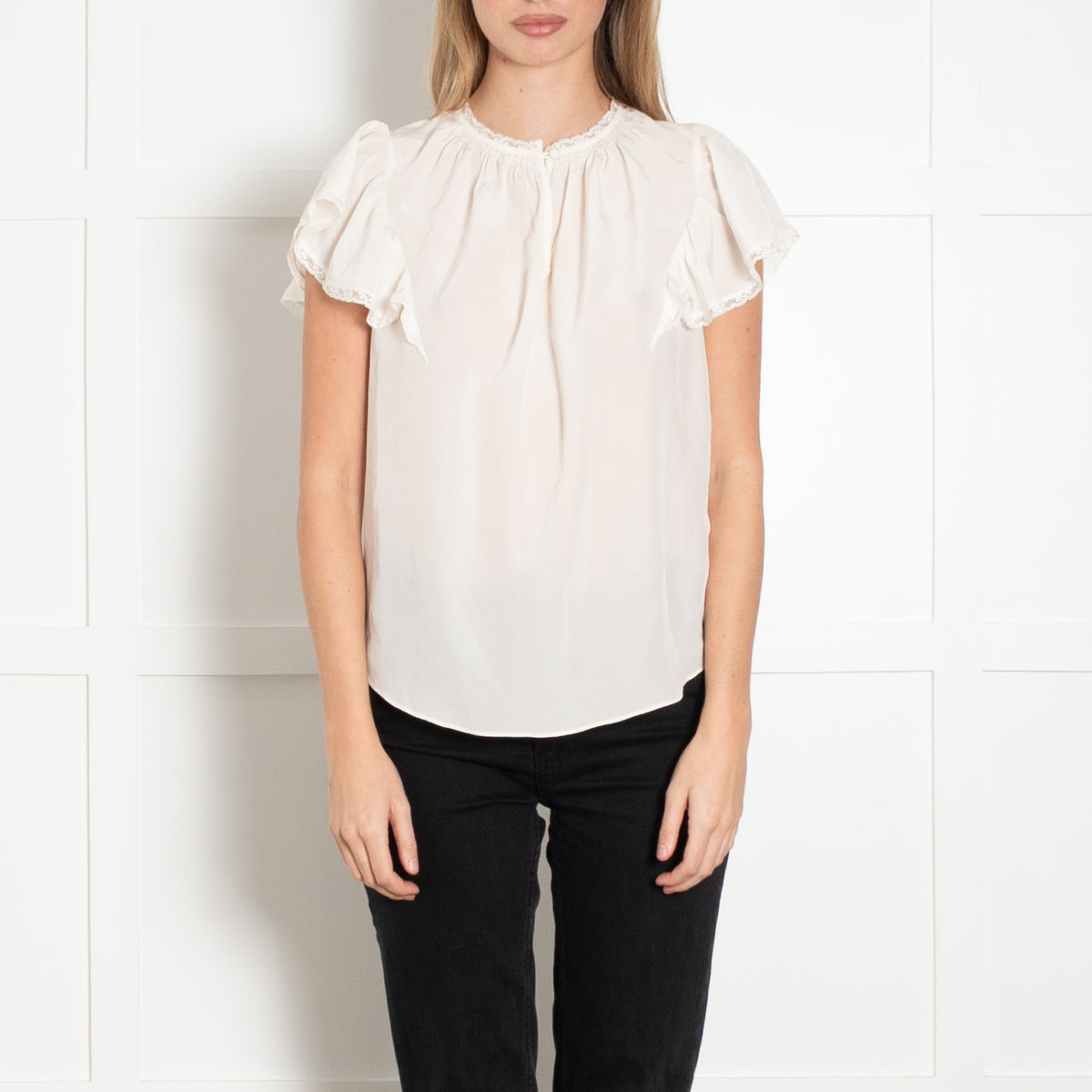 Rebecca Taylor Cream Silk Lace Trim Cap Sleeve Top